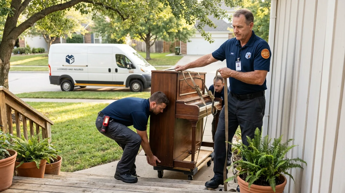 Licensed piano movers securing grand piano in Grosse Ile, MI